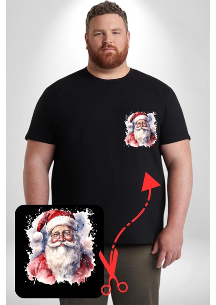 Mutlu Noel Baba Yeni Yıl Tasarımı Siyah Büyük Beden Kadın Basic Minimal Baskılı Tişört