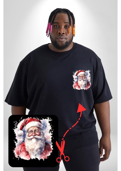 Mutlu Noel Baba Yeni Yıl Tasarımı Siyah Büyük Beden Kadın Basic Minimal Baskılı Tişört