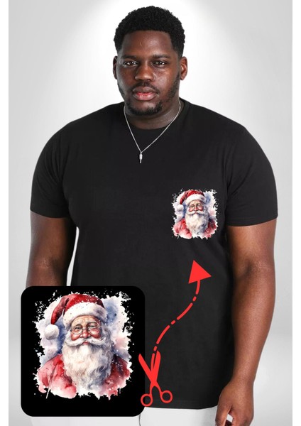 Mutlu Noel Baba Yeni Yıl Tasarımı Siyah Büyük Beden Kadın Basic Minimal Baskılı Tişört