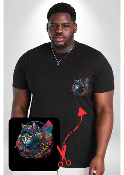 Kulaklık Kedi Müzik Tekir Siyah Büyük Beden Kadın Basic Minimal Baskılı Tişört