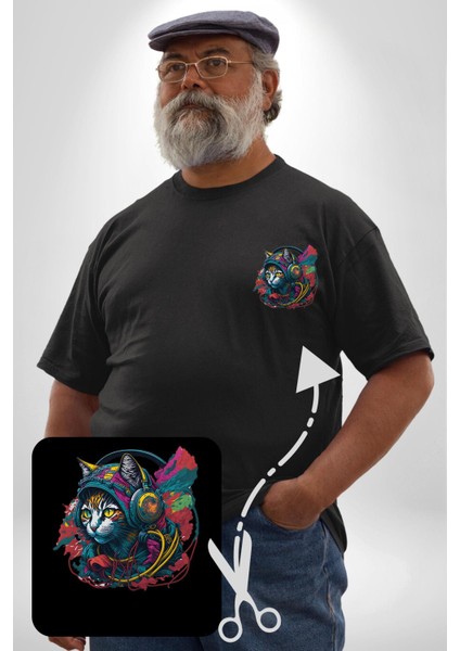 Kulaklık Kedi Müzik Tekir Siyah Büyük Beden Kadın Basic Minimal Baskılı Tişört fiyatları