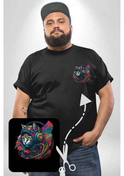 Kulaklık Kedi Müzik Tekir Siyah Büyük Beden Kadın Basic Minimal Baskılı Tişört modelleri