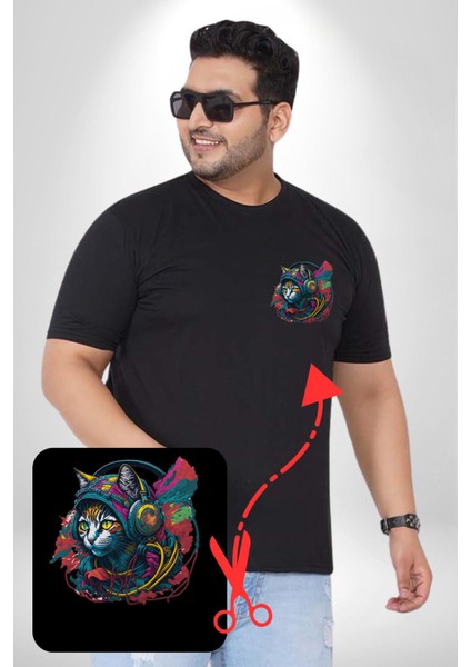 Kulaklık Kedi Müzik Tekir Siyah Büyük Beden Kadın Basic Minimal Baskılı Tişört fırsatları