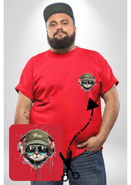 Havalı Pilot Şapkalı Müzik Dinleyen Kedi Kırmızı Büyük Beden Kadın Basic Minimal Baskılı Tişört