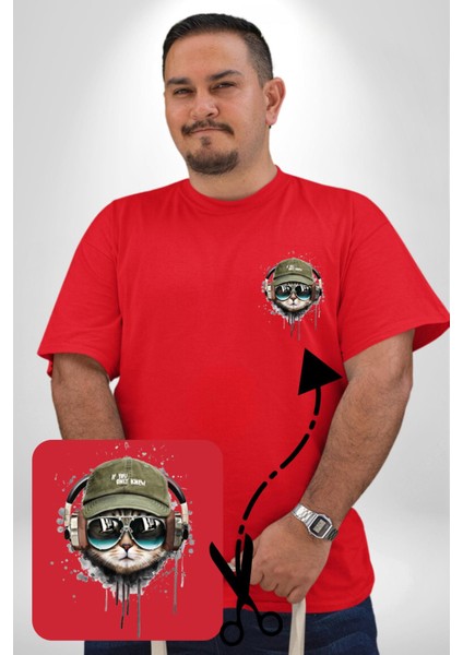 Havalı Pilot Şapkalı Müzik Dinleyen Kedi Kırmızı Büyük Beden Kadın Basic Minimal Baskılı Tişört fiyatları