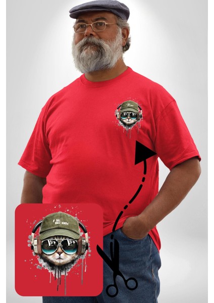 Havalı Pilot Şapkalı Müzik Dinleyen Kedi Kırmızı Büyük Beden Kadın Basic Minimal Baskılı Tişört modelleri