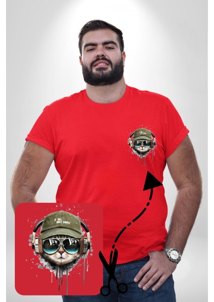 Havalı Pilot Şapkalı Müzik Dinleyen Kedi Kırmızı Büyük Beden Kadın Basic Minimal Baskılı Tişört fırsatları