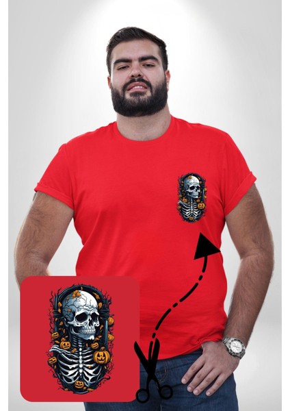 Cadılar Bayramı Kuru Kafa Kırmızı Büyük Beden Kadın Basic Minimal Baskılı Tişört