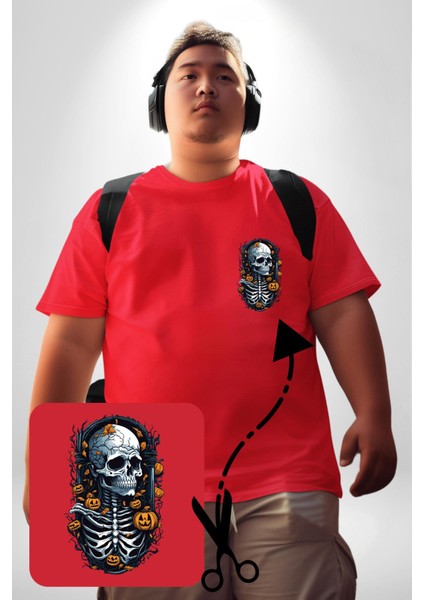 Cadılar Bayramı Kuru Kafa Kırmızı Büyük Beden Kadın Basic Minimal Baskılı Tişört fiyatları