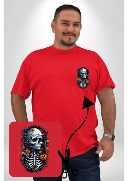 Cadılar Bayramı Kuru Kafa Kırmızı Büyük Beden Kadın Basic Minimal Baskılı Tişört fırsatları