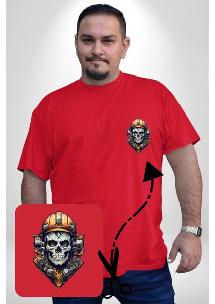 Maden Işcisi Kuru Kafa Kırmızı Büyük Beden Kadın Basic Minimal Baskılı Tişört modelleri