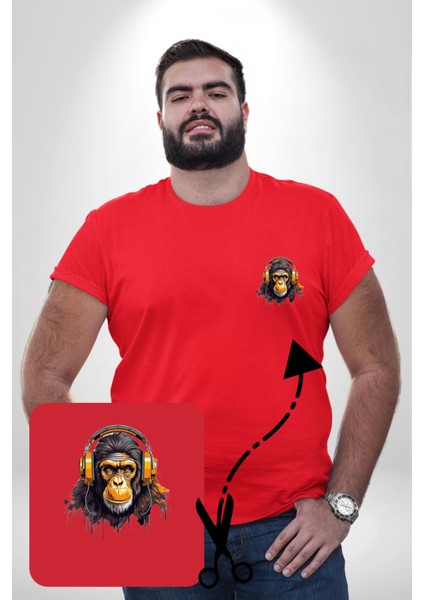 Maymun Altın Kulaklık Müzik Kırmızı Büyük Beden Kadın Basic Minimal Baskılı Tişört
