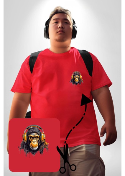 Maymun Altın Kulaklık Müzik Kırmızı Büyük Beden Kadın Basic Minimal Baskılı Tişört fiyatları