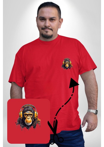 Maymun Altın Kulaklık Müzik Kırmızı Büyük Beden Kadın Basic Minimal Baskılı Tişört modelleri