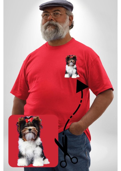 Biewer Yorshire Terrier Kırmızı Büyük Beden Kadın Basic Minimal Baskılı Tişört