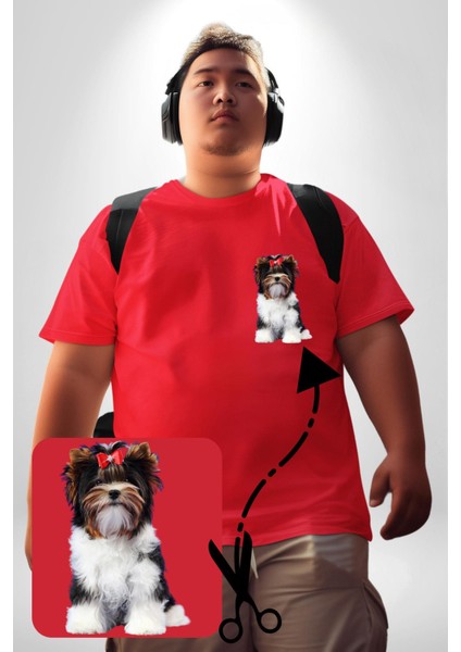 Biewer Yorshire Terrier Kırmızı Büyük Beden Kadın Basic Minimal Baskılı Tişört modelleri