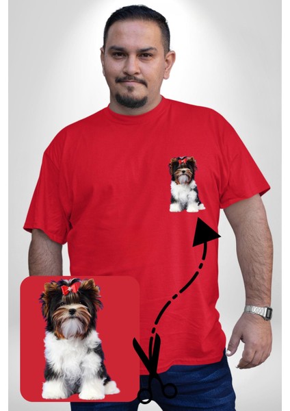 Biewer Yorshire Terrier Kırmızı Büyük Beden Kadın Basic Minimal Baskılı Tişört fırsatları