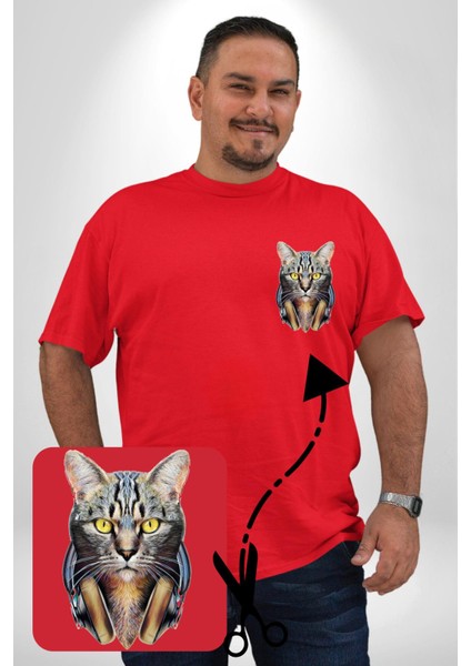 Kulaklık Kedi Kırmızı Büyük Beden Kadın Basic Minimal Baskılı Tişört
