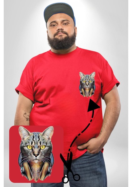 Kulaklık Kedi Kırmızı Büyük Beden Kadın Basic Minimal Baskılı Tişört fiyatları