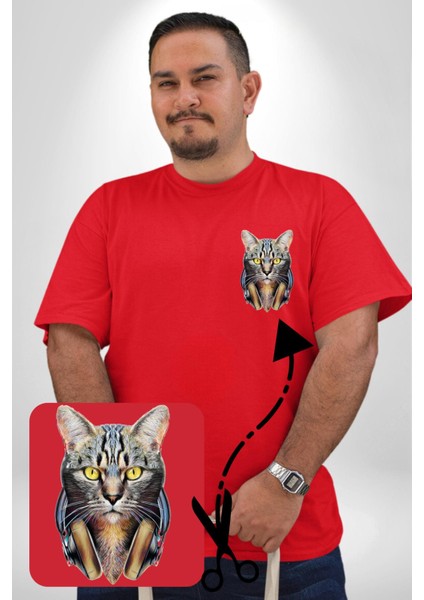 Kulaklık Kedi Kırmızı Büyük Beden Kadın Basic Minimal Baskılı Tişört modelleri