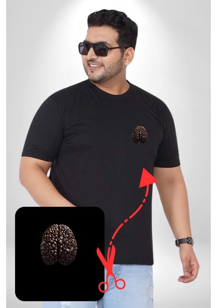 Kuru Kahve Çekirdeği Beyin Siyah Büyük Beden Kadın Basic Minimal Baskılı Tişört modelleri