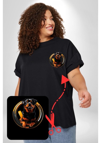 Süper Tasma Rottweiler Eğitim Siyah Büyük Beden Kadın Basic Minimal Baskılı Tişört