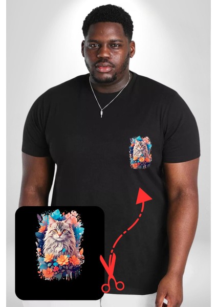 Çiçek Kedi Sulu Boya Siyah Büyük Beden Kadın Basic Minimal Baskılı Tişört