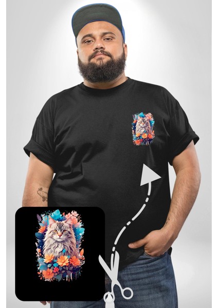 Çiçek Kedi Sulu Boya Siyah Büyük Beden Kadın Basic Minimal Baskılı Tişört modelleri
