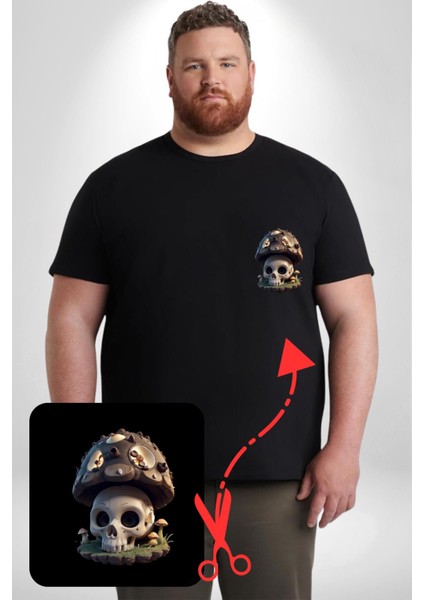 Kurukafa Mantar Ev Siyah Büyük Beden Kadın Basic Minimal Baskılı Tişört