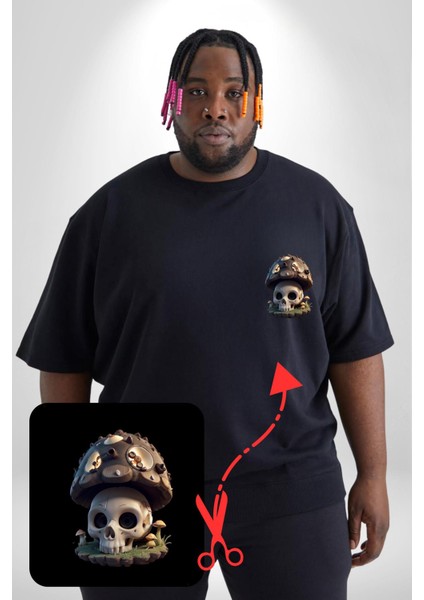 Kurukafa Mantar Ev Siyah Büyük Beden Kadın Basic Minimal Baskılı Tişört fiyatları