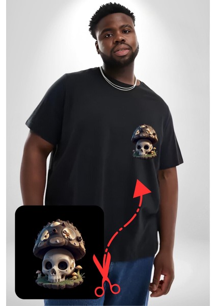 Kurukafa Mantar Ev Siyah Büyük Beden Kadın Basic Minimal Baskılı Tişört modelleri