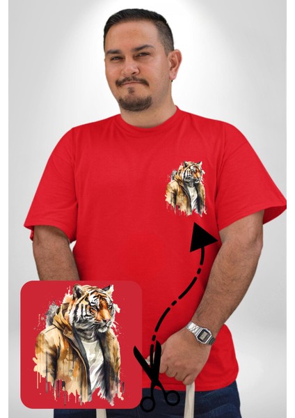 Cool Yakışıklı Kapüşonlu Spor Kaplan Kırmızı Büyük Beden Kadın Basic Minimal Baskılı Tişört