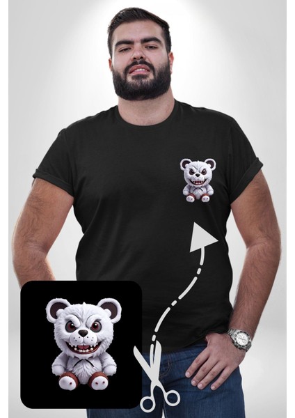 Freddy Korkunç Ayı Siyah Büyük Beden Kadın Basic Minimal Baskılı Tişört