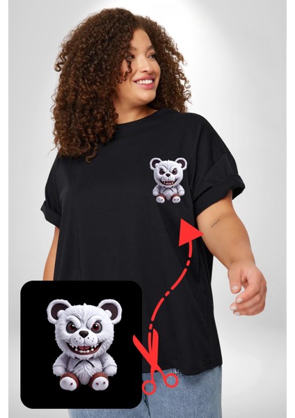 Freddy Korkunç Ayı Siyah Büyük Beden Kadın Basic Minimal Baskılı Tişört fiyatları
