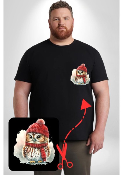 Kış Kırmızı Atkı Bere Baykuş Siyah Büyük Beden Kadın Basic Minimal Baskılı Tişört