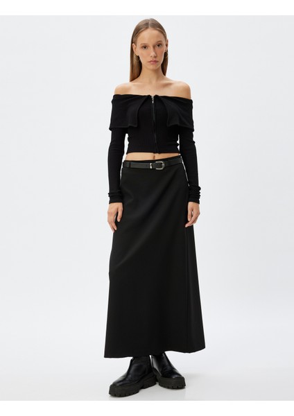 Crop Tişört Uzun Kollu Fermuarlı Fitilli Omzu Açık Slim Fit