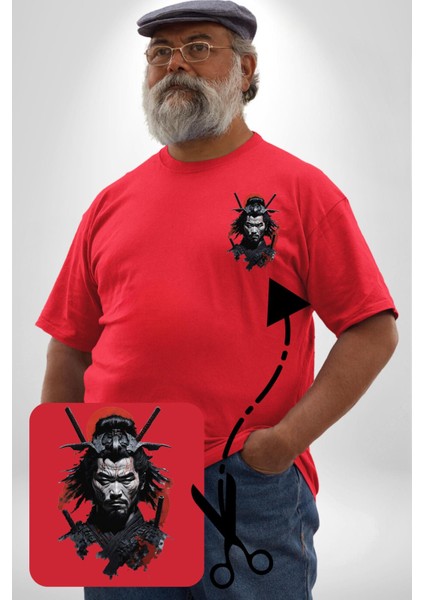 Asyalı Japon Samuray Savaşcı Kırmızı Büyük Beden Kadın Basic Minimal Baskılı Tişört