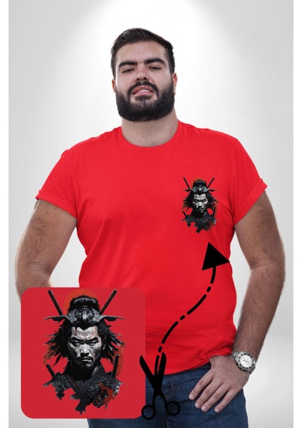 Asyalı Japon Samuray Savaşcı Kırmızı Büyük Beden Kadın Basic Minimal Baskılı Tişört fiyatları