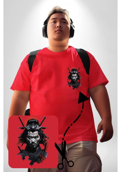 Asyalı Japon Samuray Savaşcı Kırmızı Büyük Beden Kadın Basic Minimal Baskılı Tişört modelleri