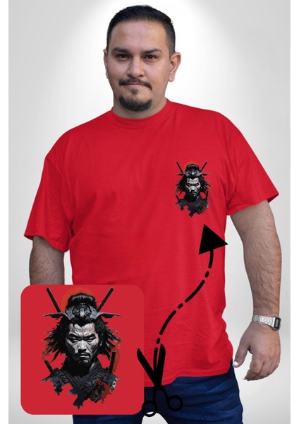 Asyalı Japon Samuray Savaşcı Kırmızı Büyük Beden Kadın Basic Minimal Baskılı Tişört fırsatları