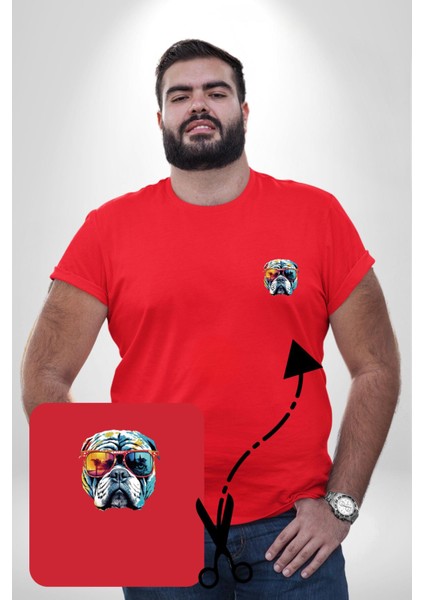 Bull Terier Köpek Gözlük Renkli Kırmızı Büyük Beden Kadın Basic Minimal Baskılı Tişört