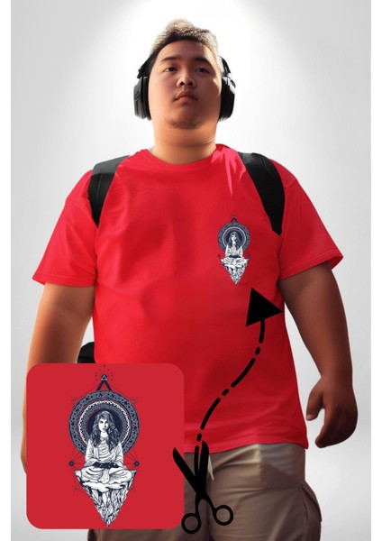 Falcı Meditasyon Yoga Dağın Üstünde Kırmızı Büyük Beden Kadın Basic Minimal Baskılı Tişört