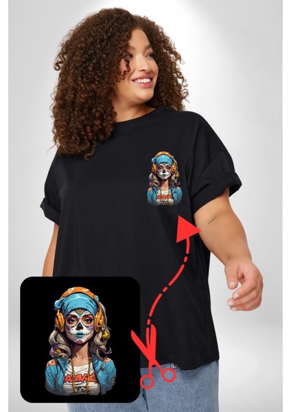 Hippie Cesur Stil Dövmeli Kız Siyah Büyük Beden Kadın Basic Minimal Baskılı Tişört