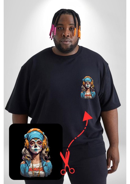 Hippie Cesur Stil Dövmeli Kız Siyah Büyük Beden Kadın Basic Minimal Baskılı Tişört modelleri