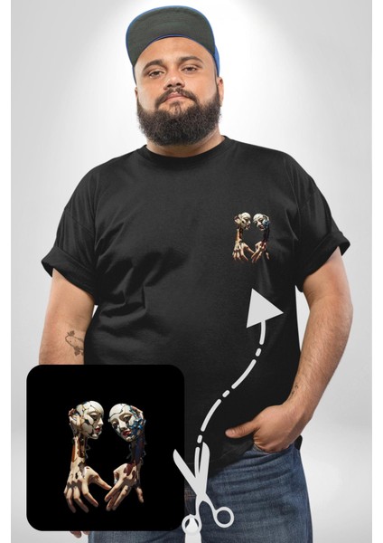 Yüz Yüze Ellerin Uyumu Siyah Büyük Beden Kadın Basic Minimal Baskılı Tişört