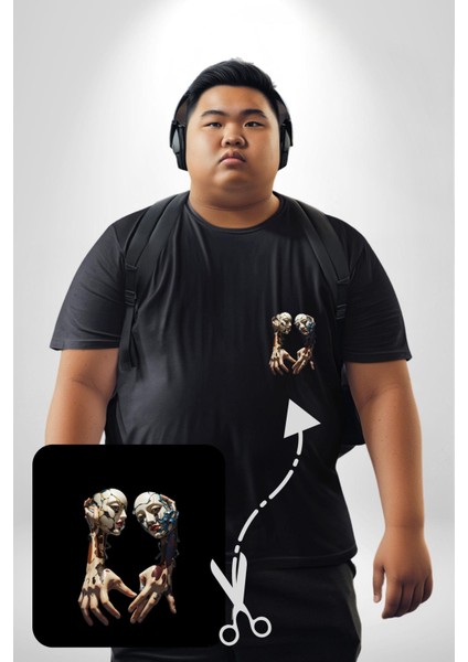 Yüz Yüze Ellerin Uyumu Siyah Büyük Beden Kadın Basic Minimal Baskılı Tişört fırsatları