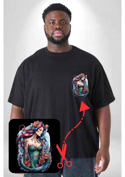 Deniz Kızı Çiçek Siyah Büyük Beden Kadın Basic Minimal Baskılı Tişört