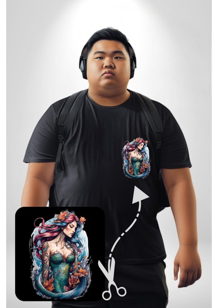 Deniz Kızı Çiçek Siyah Büyük Beden Kadın Basic Minimal Baskılı Tişört fiyatları