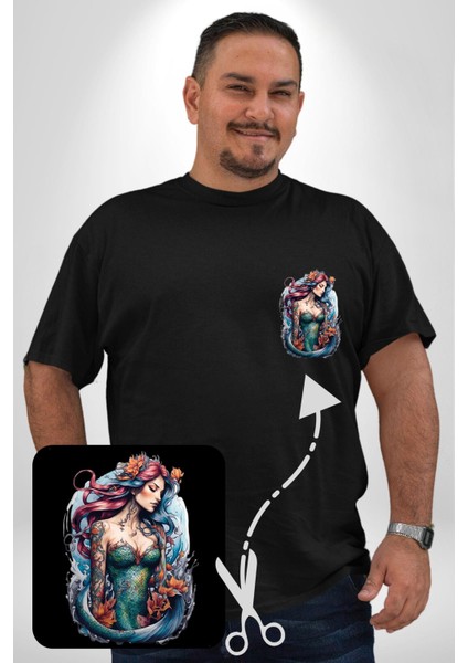 Deniz Kızı Çiçek Siyah Büyük Beden Kadın Basic Minimal Baskılı Tişört modelleri