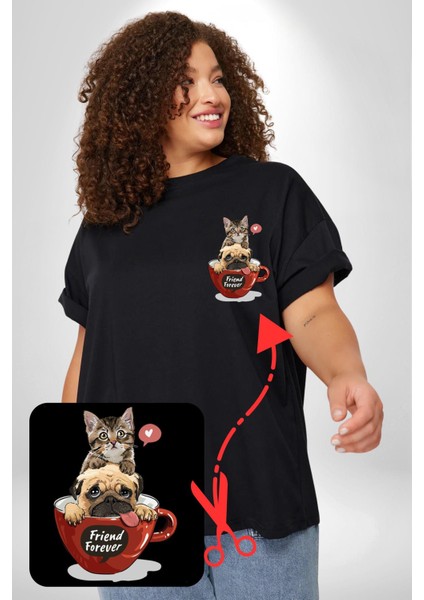 Kedi Ve Köpek Sonsuzadek Arkadaşız Siyah Büyük Beden Kadın Basic Minimal Baskılı Tişört